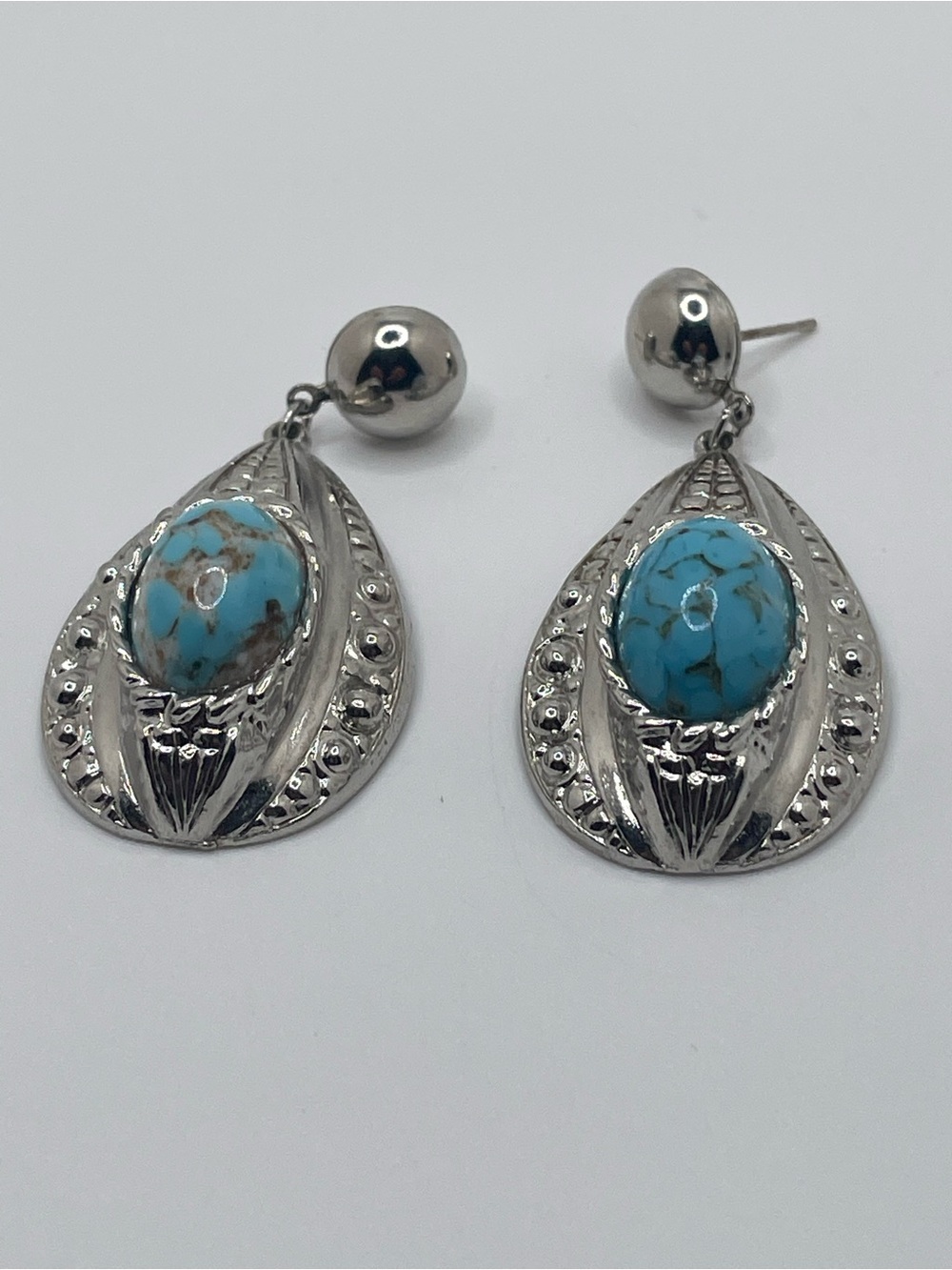 Turquoise Style Marquise Drop Statement Earrings Silver Tone Boho Southwestern